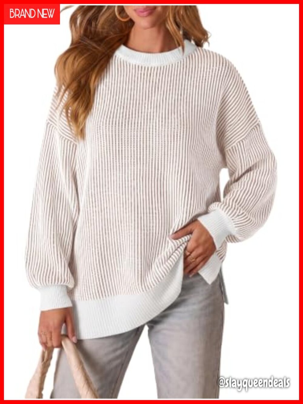 Oversized Striped Knit Sweater Batwing Sleeve Crew Neck Pullover